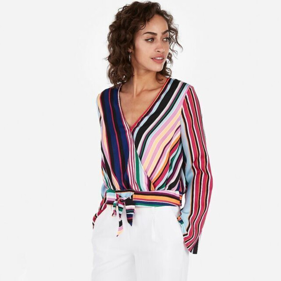 Express Striped Surplice Wrap Blouse Multi Size S - Picture 1 of 10